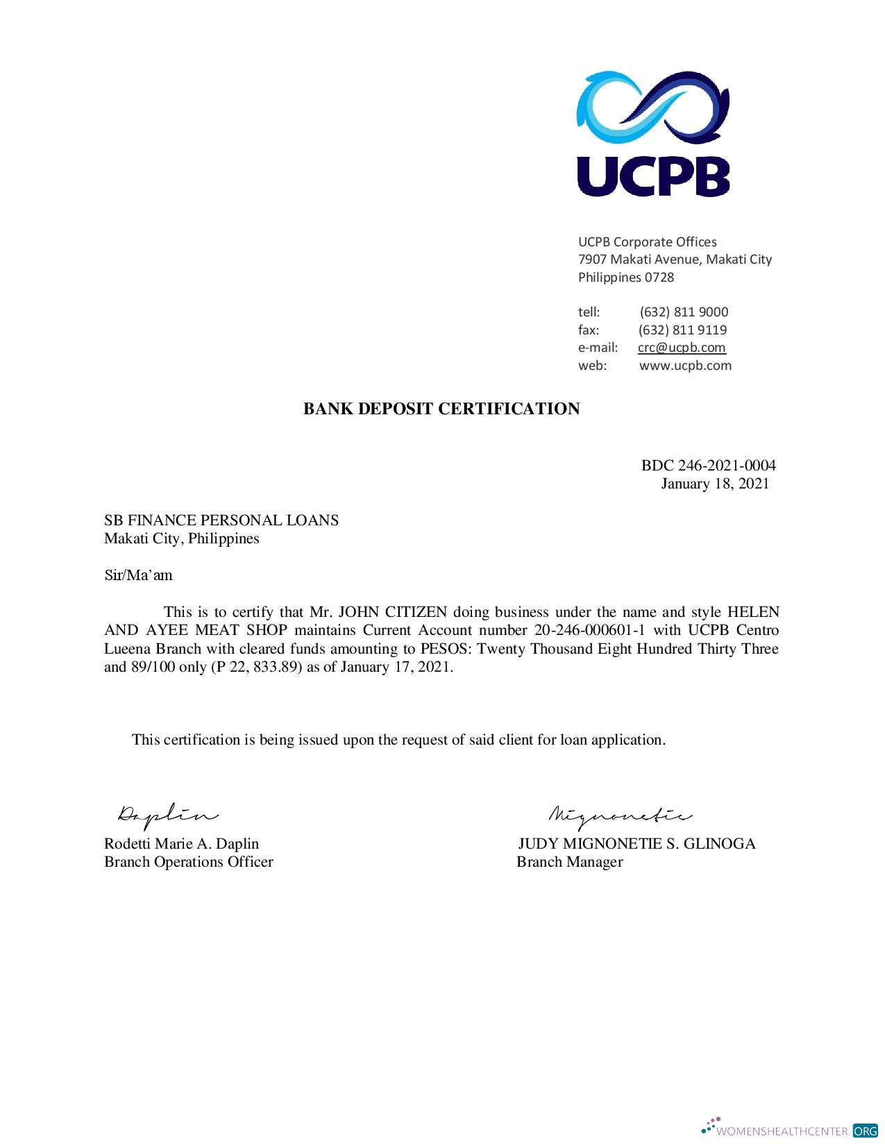 Download Philippines UCPB bank deposit certification letter Photoshop template